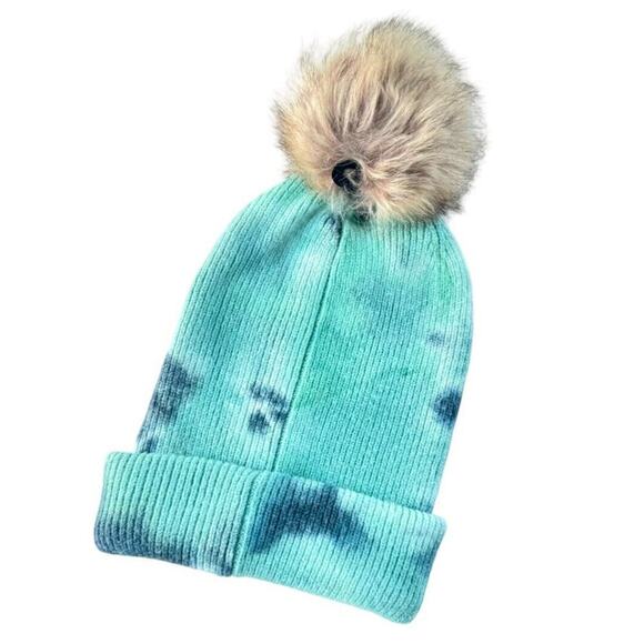 C.C Exclusive Tie Dye Beanie Hat DEEP TEAL/SEA GREEN Faux Fur Pom 7380POM NEW - Picture 2 of 4